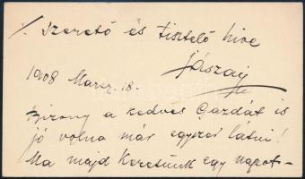 1908.III.18 Jászai Mari (1850-1926) színésznő autográf sorai Gerő Ödönné Hermann Leontinnak, Gerő Ödön (1863-1939) művészeti újságíró, szerkesztő feleségének, amelyben megkérdezi, hogy délután meglátogathatná-e. Két beírt oldal kártyán, kissé tintafoltos, Jászai Mari autográf aláírásával.