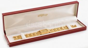 Tiffany aranyozott női kvarc karóra, fém szíjjal, újszerű, szép állapotban, eredeti bőr díszdobozban...