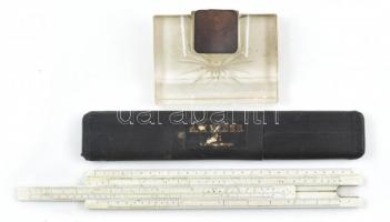 Régi asztali tintatartó, csiszolt, metszett üveg, fém fedéllel, 13,5x9,5x8 cm + logarléc, tokban, h:...