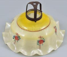 Konyhai lámpabúra, kézzel festett, anyagában színezett üveg, rozsdás fém szerelékkel, d: 24 cm, m: 15,5 cm