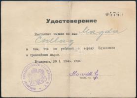 1945 BSZKRT alkalmazott málenkij robot alól mentesítő igazolványa