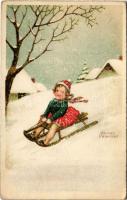 Téli sport, szánkózó kisgyerek / Winter sport, sledding child. Pittius litho s: Hannes Petersen (EK)