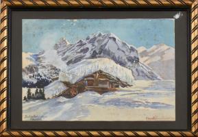 Jelzés nélkül: Hófödte menedékház a Svájci Alpokban (Hertenbühlalpe, Schweiz). Akvarell, papír. Kartonra kasírozva, dekoratív, üvegezett fa keretben, foltos, 34x25 cm