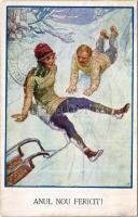 1924 Anul Nou Fericit! / szánkó baleset / sledding accident, winter sport. M.M. Nr. 1205.