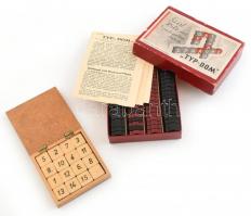 Typen-Domino szókirakó játék, német nyelvű leírással, komplett, eredeti dobozában + számjáték, fa dobozban, komplett