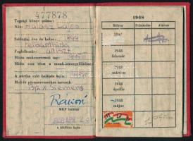 1948 Magyar Kommunista Párt tagsági könyve, tagdíjbélyegekkel