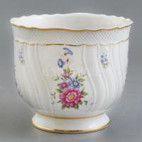 Hollóházi virágmintás porcelán kaspó. Matricás, jelzett, apró kopással, d: 16 cm, m: 14 cm