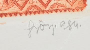 Győry Miklós (1905-1995): Dunántúl. Színes rézkarc, papír, jelzett, 28x20 cm