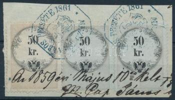 1861 3 x 50kr okmánybélyegek 2 klf kiadásból, szép bélyegzésekkel