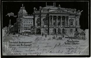 1899 (Vorläufer) Budapest VIII. Népszínház. F. Fischer & Co. Szecessziós fémes hatású fóliás képeslap / metallic foil postcard (fl)