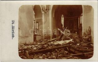 Ortisei, Urtijëi, St. Ulrich in Gröden (Südtirol); Első világháborús pusztítás egy templomban / WWI K.u.k. military photo, destruction in a church