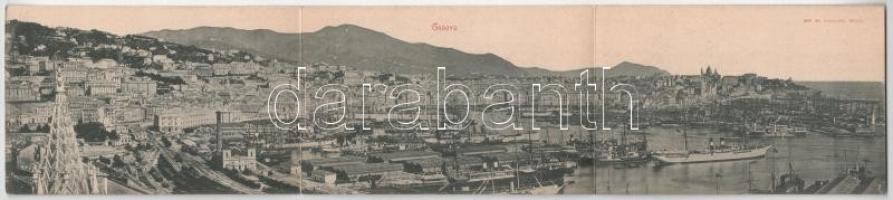 Genova, Genoa; 3-tiled folding panoramacard with port, railway station, steamships. Ed. Vierbücher, Milano (EK)