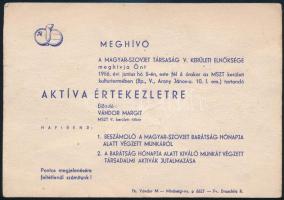 1956 Bp., a Magyar-Szovjet Társaság V. kerületi elnökségének meghívója aktíva értekezletre; hátoldalán jelzés nélküli humoros grafika (akvarell, toll, papír), 15x10,5 cm