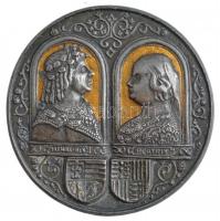 DN Mátyás király és Beatrix részben festett Sn emlékérem (102mm) T:2