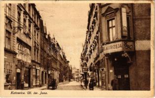 1936 Katowice, Kattowitz; Ul. sw. Jana / street view, shops of E. Kurzeja, C. Hartwig (fl)