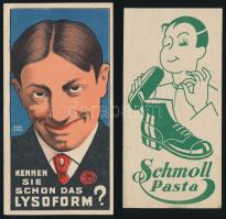 cca 1910-1930 Vegyes számolócédula tétel, 2 db: Schmoll Pasta (Bp., Athenaeum), Lysoform (Bp., Bakács Litográfia.)