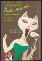 Pesti Mesék, Állami Bábszínház zenés bábkabaréjának villamosplakátja, éneklő macska, hajtásnyommal, 23,5×16,5 cm