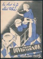 cca 1940 Káldor László (1905-1963): Magyar Divatcsarnok élelmiszer osztály prospektus, Az olcsó és jó ebéd titka!, 4 sztl. lev.