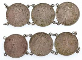 Románia 1910. 1L Ag I. Károly (3x) + 1914. 1L Ag I. Károly (3x). Mind a hat érme fülekkel, karkötővé alakítva T:2,2- patina  Romania 1910. 1 Leu Ag Carol I (3x) + 1914. 1 Leu Ag Carol I (3x). All six coins with ears, refurbished as bracelet C:XF,VF patina  Krause KM#42