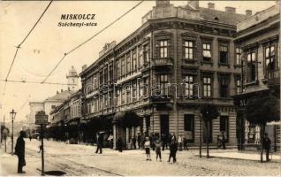 1927 Miskolc, Széchenyi utca, villamos megállóhely, Grand Hotel Kepes szálloda és kávéház, üzletek (EK)