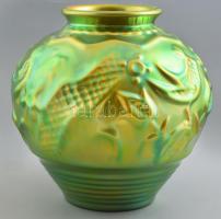 Zsolnay eozin mázas öblös váza, relief madaras-virágos mintával. Jelzett (modern Zsolnay öttornyos m...