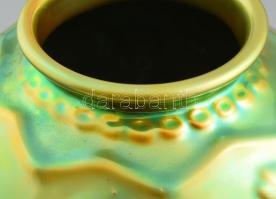 Zsolnay eozin mázas öblös váza, relief madaras-virágos mintával. Jelzett (modern Zsolnay öttornyos m...