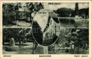1934 Balatonaliga (Balatonvilágos), Leventetábor, Parti részlet, Therézia szálló, étterem, nyári miséző (EK)