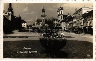 1938 Besztercebánya, Banská Bystrica; tér, szökőkút, üzletek / square, fountain, shops (Rb)