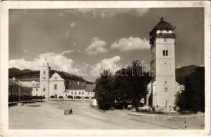 Rozsnyó, Roznava; Námestie / tér, őrtorony, templom, Andrássy Franciska szobor / square, watchtower, church, monument (fl)