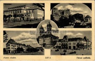 Léva, Levice; Városháza, várrom, Fő tér, Városi szálloda, piac, Római katolikus templom. Hajdú foto / town hall, castle ruins, main square, hotel, market, Catholic church (gyűrődés / crease)