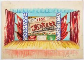 Azonosítatlan jelzéssel. : 1956 Kistex híradó c. újság 10 éves jubileuma színpadkép terve. Akvarell, papír, kollázs. 44x32 cm