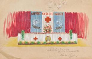 Azonosítatlan jelzéssel. : 1956 Aki vért ad életet ment színpadkép terve. Akvarell, papír, 50x26 cm