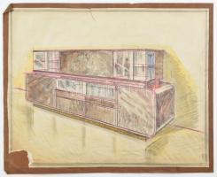 Jelzés nélkül: Art deco bútorterv, 1938. Ceruza, papír, datált, sérült, kartonra kasírozva, 32x40 cm
