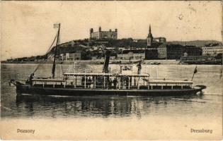 1906 Pozsony, Pressburg, Bratislava; vár és dunai ingahajó. Bediene dich allein / castle, shuttle boat (Rb)