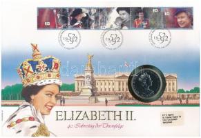 Falkland-szigetek 1992. 50P Cu-Ni II. Erzsébet uralkodásának 40. évfordulója érmés bélyeges borítékban német nyelvű ismertetővel T:1 Falkland Islands 1992. 50 Pence Cu-Ni 40th Anniversary - Reign of Queen Elizabeth II in coin envelope with stamps, with information in German C:UNC