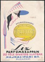 cca 1920 Liz parfumszappan 20 féle divatos illatban, Bp., Hajnal Ipari Rt., villamosplakát, Bp. Seidner Lith, hajtott, foltos, 23x17 cm