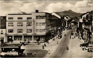 1955 Liptószentmiklós, Liptovsky Mikulás; Stefánikova ulica, Pohlad na západ / Stefánik utca / street view, automobiles (EK)