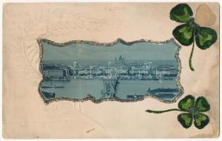 ~1899 (Vorläufer) Budapest, Lánchíd, Bazilika. Díszített óriás levelezőlap (21,5 x 13,5 cm) (felszíni sérülés / surface damage)