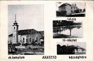 1943 Akasztó, Római katolikus templom, iskola, tó, községháza (EK)