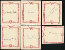 cca 1930 6 db autogram (Karinthy Frigyes, Harsányi Zsolt, Gulácsy Irén, Falu Tamás, Emőd Tamás, Bókay János)