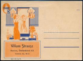 1948 Kassa (Kosice), Viliam Strausz elektronikai és rádió szaküzletének illusztrált reklám levelezőlapja, hátoldalán kézzel írt garancialevéllel