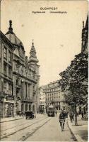 1916 Budapest V. Egyetem tér, Blazek Adolf műköszörűs, Szabó Vilmos cipész üzlete, villamos, autó, kerékpáros, Törlesztési bank (EK)