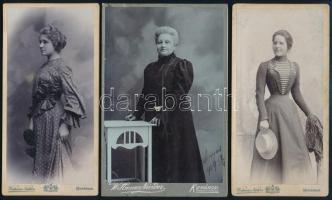 cca 1900-1910 Hölgyportrék, 3 db keményhátú fotó Wittmann Nándor komáromi műterméből, kabinetfotó, 16,5x8 cm, 16,5x10 cm