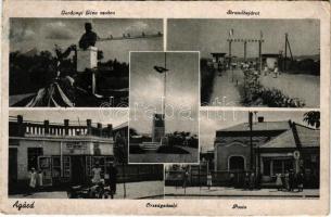 1943 Agárd (Gárdony), Gárdonyi Géza szobor, Strand bejárat, Országzászló, Posta hivatal, Csajka bazár üzlete, motorkerékpár, motorbicikli. A Csajka bazár saját kiadása (Rb)