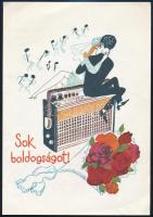 cca 1960-1980 Sok boldogságot!, esküvői dísztávirat Sokol rádiót ábrázoló grafikával, 19x13,5 cm