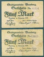 Német Birodalom/Weimari Köztársaság/Bamberg 1918. 5M fekete sorszámmal (2x) T:III