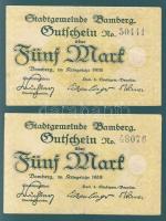 Német Birodalom/Weimari Köztársaság/Bamberg 1918. 5M fekete sorszámmal (2x) T:III