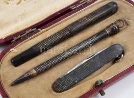 Ezüst (Ag) úti írószerszám és bicska készlet. Niellós, saját dobozában. Jelzett, bruttó: 31 g