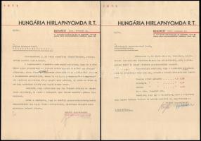 1935-1937 Hungária hírlapnyomda 8 db levele, ebből 5 db Kner Albert (1899-1976) nyomdász, grafikus a...