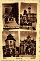 1939 Komárom, Komárno; Jókai szobor, Városháza, Kőszűz, Új várkapu, katonák / statue, town hall, monument, castle gate, soldiers (ragasztónyom / glue marks)